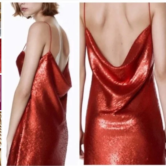 ZARA Red Sequin Cowl Back Spaghetti Strap Mini Dress Size M NEW WITH TAG! - Picture 8 of 9